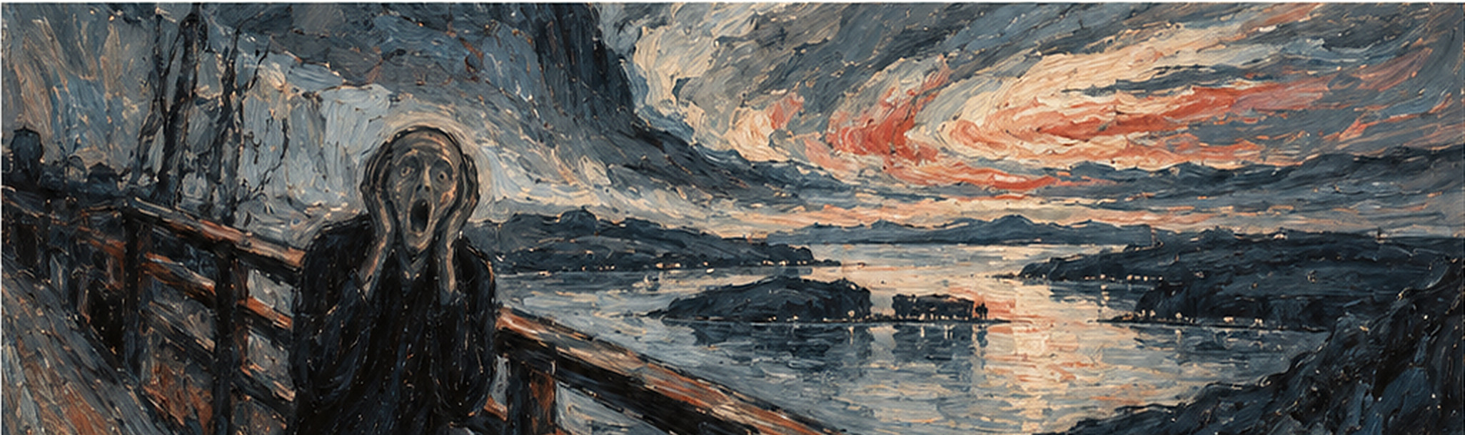 Expressionist reinterpretation after Edvard Munch: a distressed figure on a bridge beneath a turbulent red-blue sky